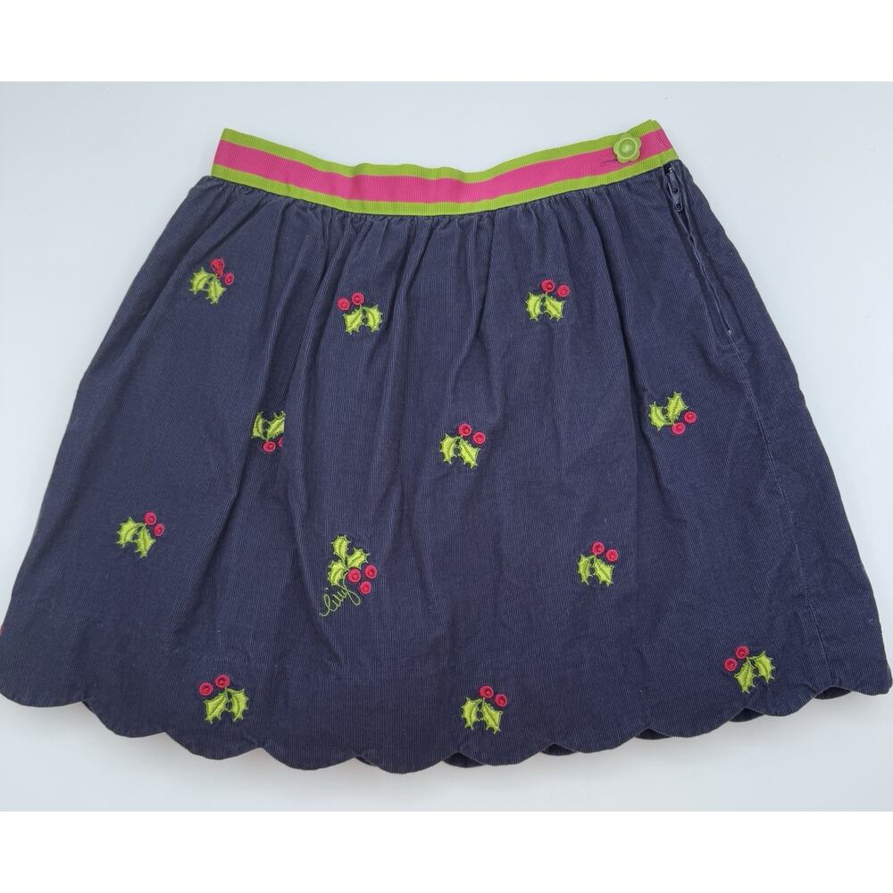 Lilly Pulitzer Holiday Skirt Holly Embroidered Girls Sz 6 Navy Blue Scalloped
